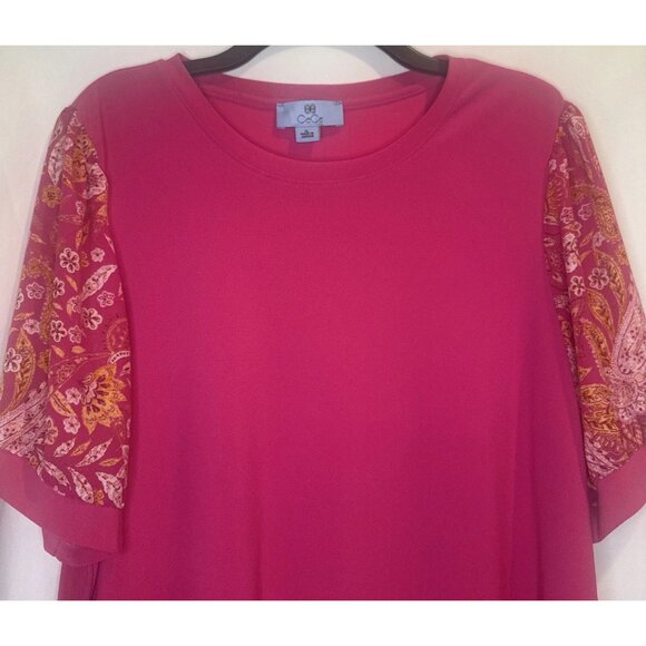 Cece Women's Bright Pink Mixed Media Short Puffed Sleeve Knit Blouse Top Sz XL - Picture 2 of 8